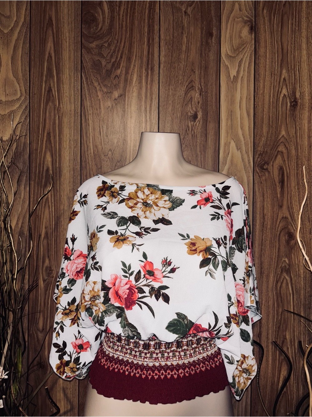 White Floral Off-Shoulder Blouse with Smocked Burgundy Hem